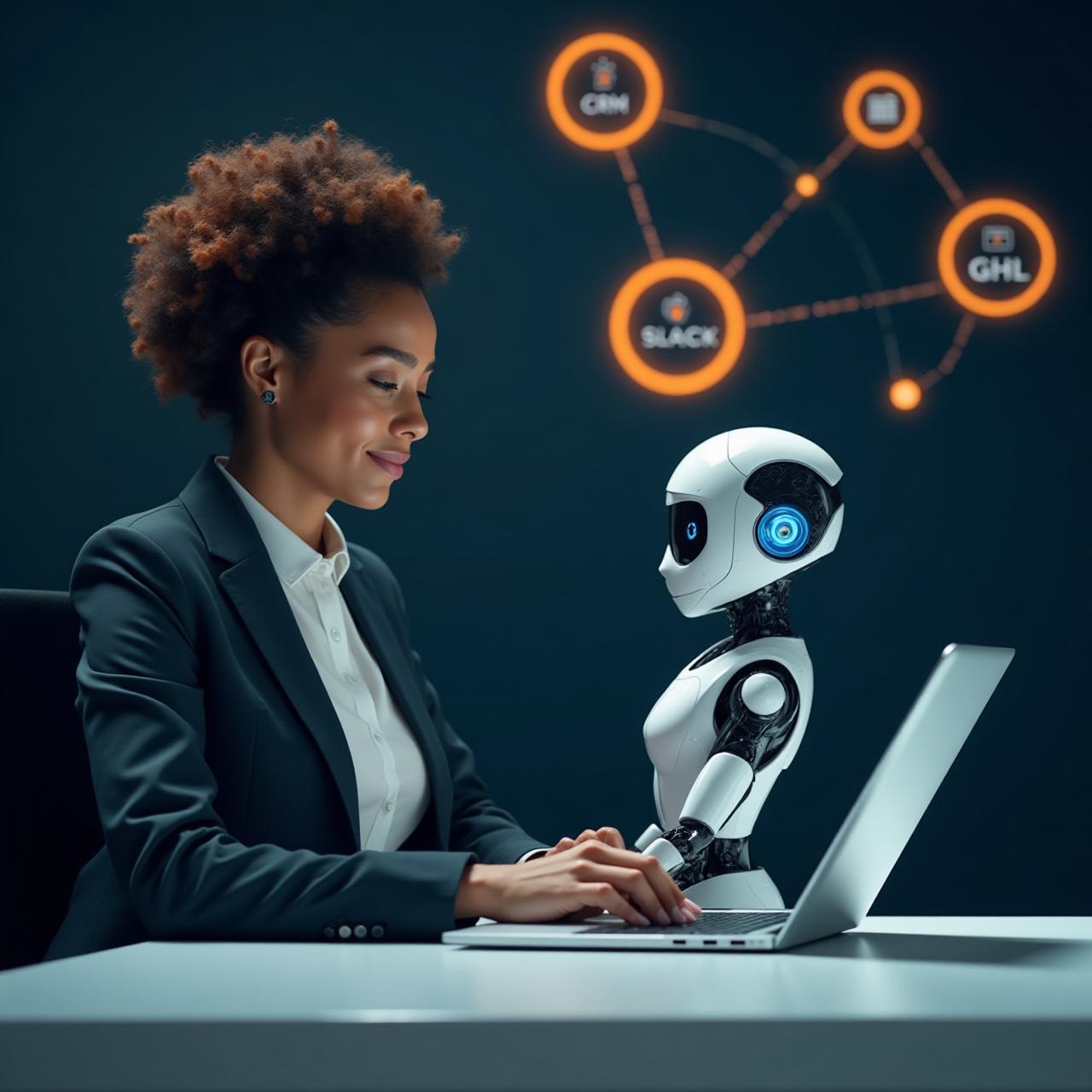 Human and AI collaboration with business system integrations including CRM, Slack, and GoHighLevel